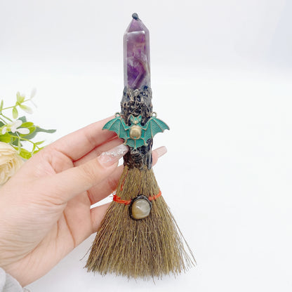 Natural Crystal Point Magic Broom Natural Clear Quartz Crafts Witch Broomstick Divination Energy Reiki Healing Home Garden Decor