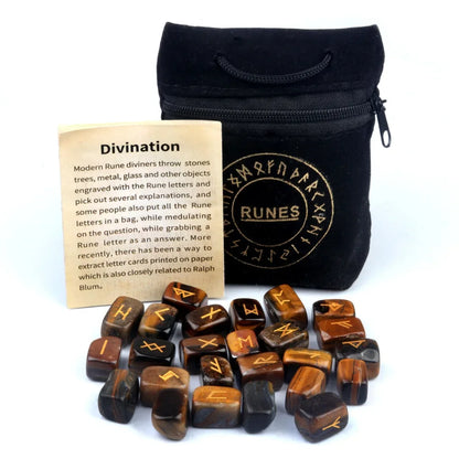 25Pcs Natural Tiger's Eye Rune Stones Set Engraved Elder Futhark Viking Alphabet Runes Gemstone Chakra Balancing Reiki Healing