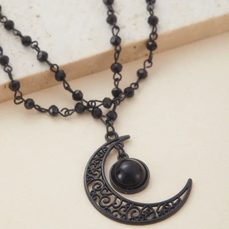 Gothic Retro Hollowed Out Moon Pendant Double Layered Necklace for Women, Witch, Dark Party Gift, Outfit, Accessory