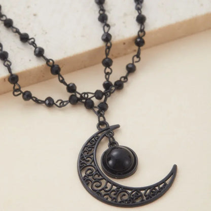 Gothic Retro Hollowed Out Moon Pendant Double Layered Necklace for Women, Witch, Dark Party Gift, Outfit, Accessory