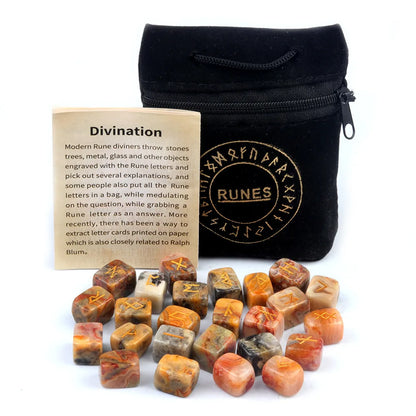 Natural Crystal Agate Rune Stones Set Engraved Elder Futhark Viking Alphabet Runes Gemstone Chakra Balancing Divination 25Pcs