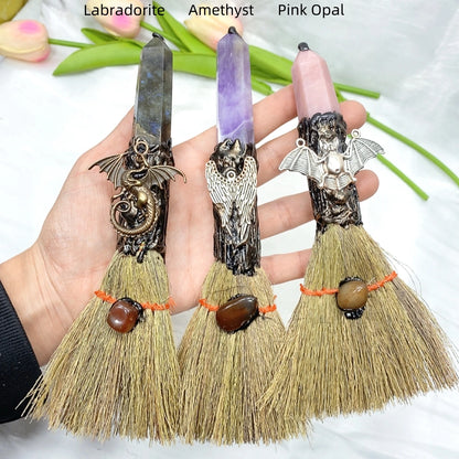 Natural Crystal Point Magic Broom Natural Clear Quartz Crafts Witch Broomstick Divination Energy Reiki Healing Home Garden Decor