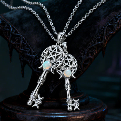 Witchcraft Triple Moon Goddness Key Shape Necklaces Opal Zircons Pentagram Symbol Pendant Witch Amulet Protection Jewelry