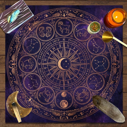 Mystic Astrology Tablecloth Dark Purple Golden Zodiac Constellation Tarot Ritual Meditation Crystal Healing Party Decor