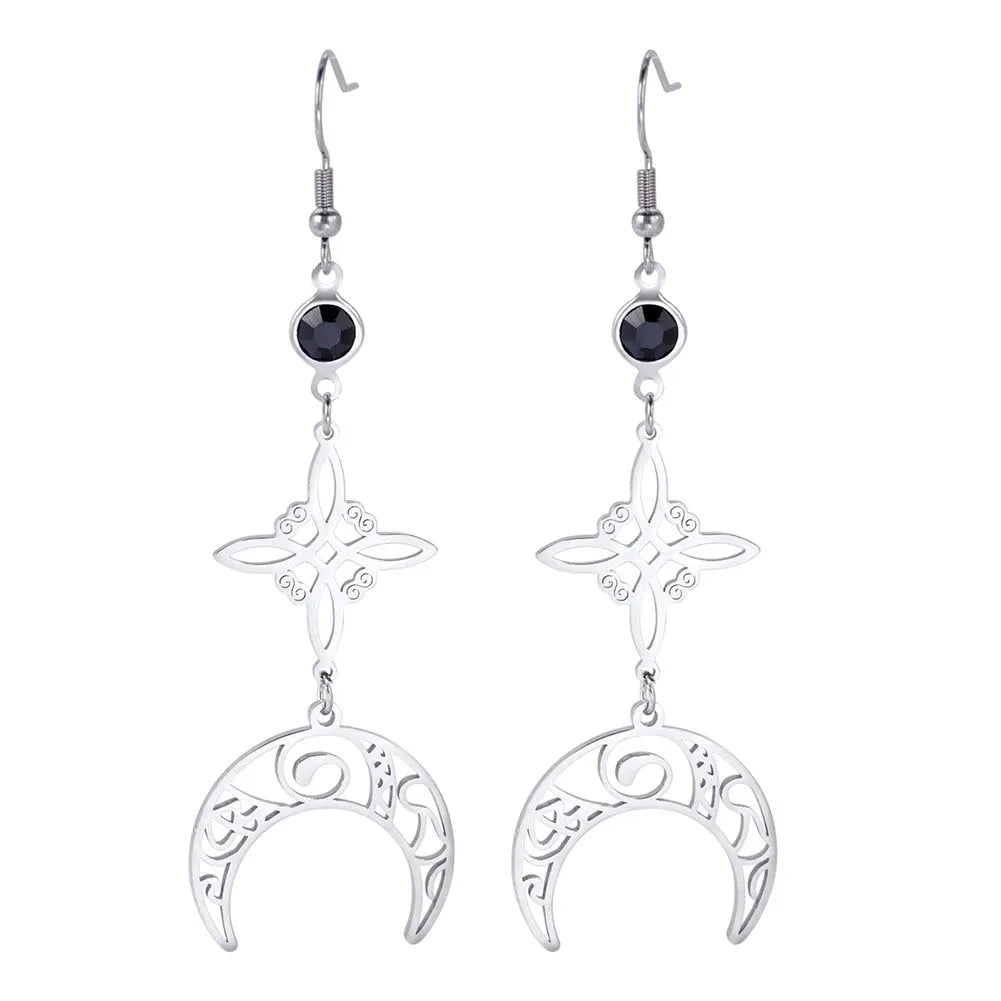 Unift Goth Stainless Steel Earring Triple Rune Moon Phase Pentagram Earrings Woman Men Vintage Jewelry Ear Piercing Witch Knot