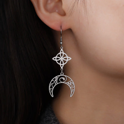 Unift Goth Stainless Steel Earring Triple Rune Moon Phase Pentagram Earrings Woman Men Vintage Jewelry Ear Piercing Witch Knot
