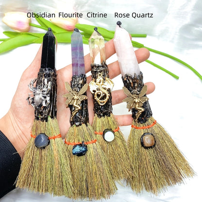 Natural Crystal Point Magic Broom Natural Clear Quartz Crafts Witch Broomstick Divination Energy Reiki Healing Home Garden Decor