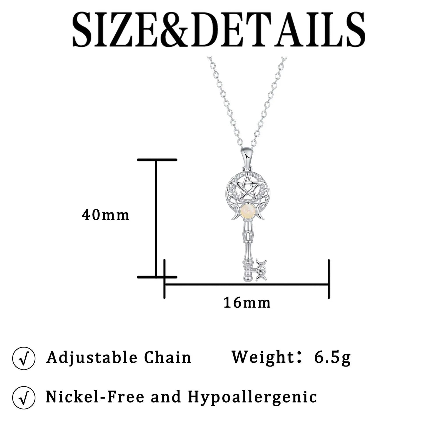 Witchcraft Triple Moon Goddness Key Shape Necklaces Opal Zircons Pentagram Symbol Pendant Witch Amulet Protection Jewelry