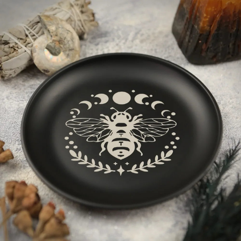 Ritual 5.5 Inch Decorative Jewelry Dish Round Black Crystal Stone Storage Tray Stainless Steel Meditation Altar Tray Gift