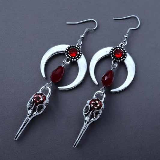 Moon Raven Skull Earrings, Blood drops, Gothic jewelry, bows, Black Raven, Witch accessories, Retro, Raven Cameo, Pentagram，Gift