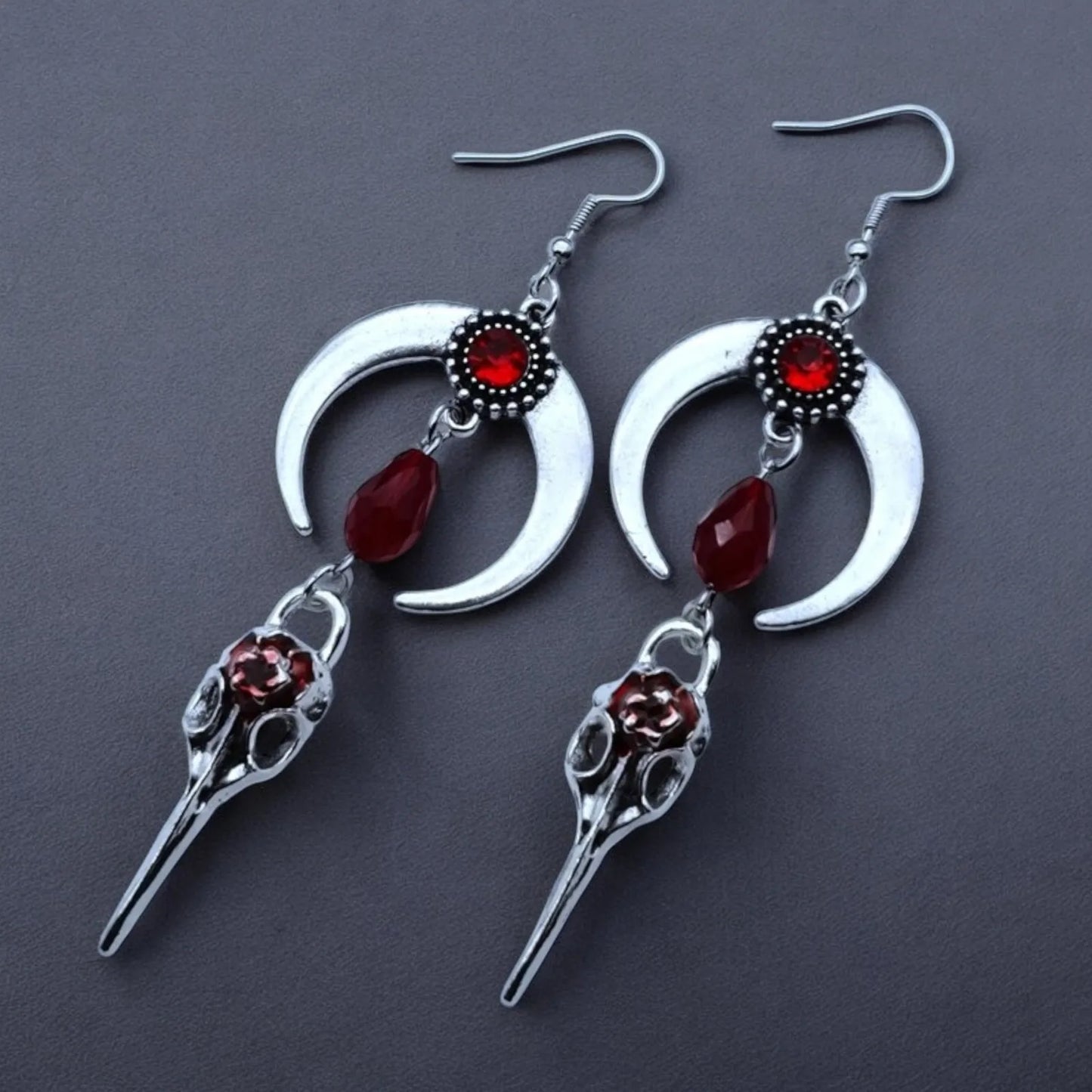 Moon Raven Skull Earrings, Blood drops, Gothic jewelry, bows, Black Raven, Witch accessories, Retro, Raven Cameo, Pentagram，Gift