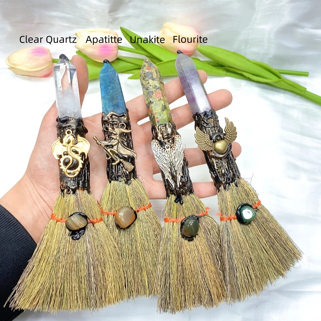 Natural Crystal Point Magic Broom Natural Clear Quartz Crafts Witch Broomstick Divination Energy Reiki Healing Home Garden Decor