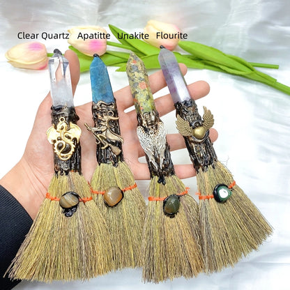 Natural Crystal Point Magic Broom Natural Clear Quartz Crafts Witch Broomstick Divination Energy Reiki Healing Home Garden Decor