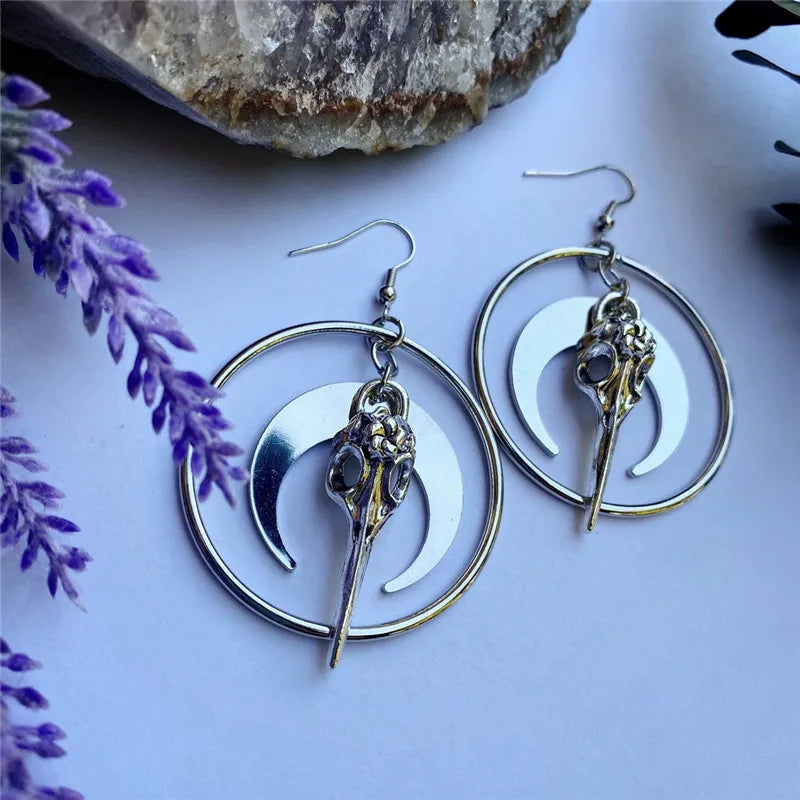 Moon Raven Skull Earrings, Blood drops, Gothic jewelry, bows, Black Raven, Witch accessories, Retro, Raven Cameo, Pentagram，Gift