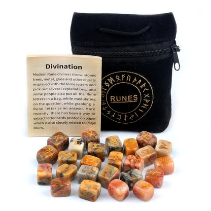 25Pcs Natural Tiger's Eye Rune Stones Set Engraved Elder Futhark Viking Alphabet Runes Gemstone Chakra Balancing Reiki Healing