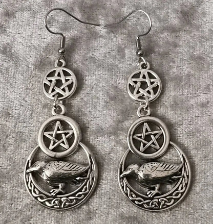Moon Raven Skull Earrings, Blood drops, Gothic jewelry, bows, Black Raven, Witch accessories, Retro, Raven Cameo, Pentagram，Gift