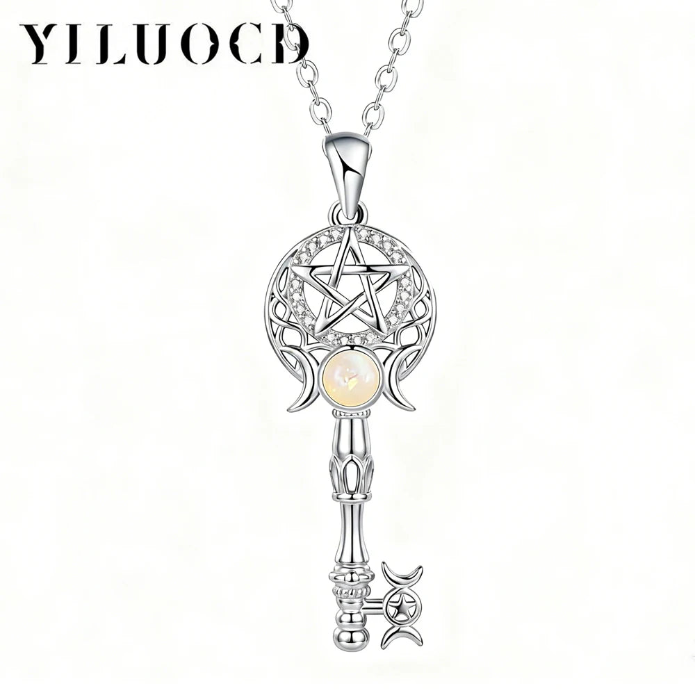 Witchcraft Triple Moon Goddness Key Shape Necklaces Opal Zircons Pentagram Symbol Pendant Witch Amulet Protection Jewelry