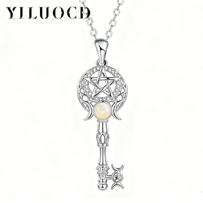 Witchcraft Triple Moon Goddness Key Shape Necklaces Opal Zircons Pentagram Symbol Pendant Witch Amulet Protection Jewelry