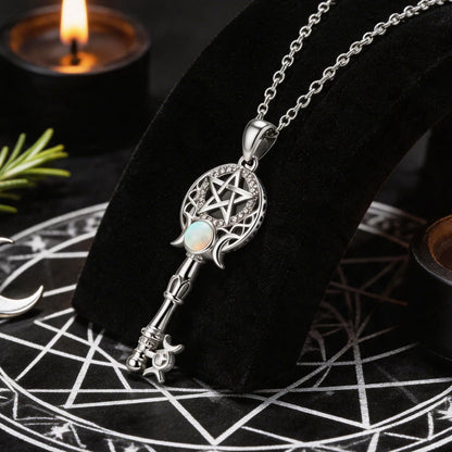 Witchcraft Triple Moon Goddness Key Shape Necklaces Opal Zircons Pentagram Symbol Pendant Witch Amulet Protection Jewelry