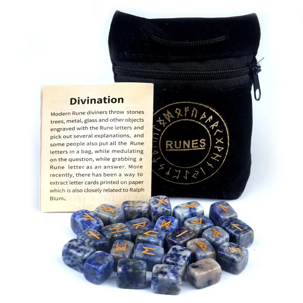 25Pcs Natural Tiger's Eye Rune Stones Set Engraved Elder Futhark Viking Alphabet Runes Gemstone Chakra Balancing Reiki Healing