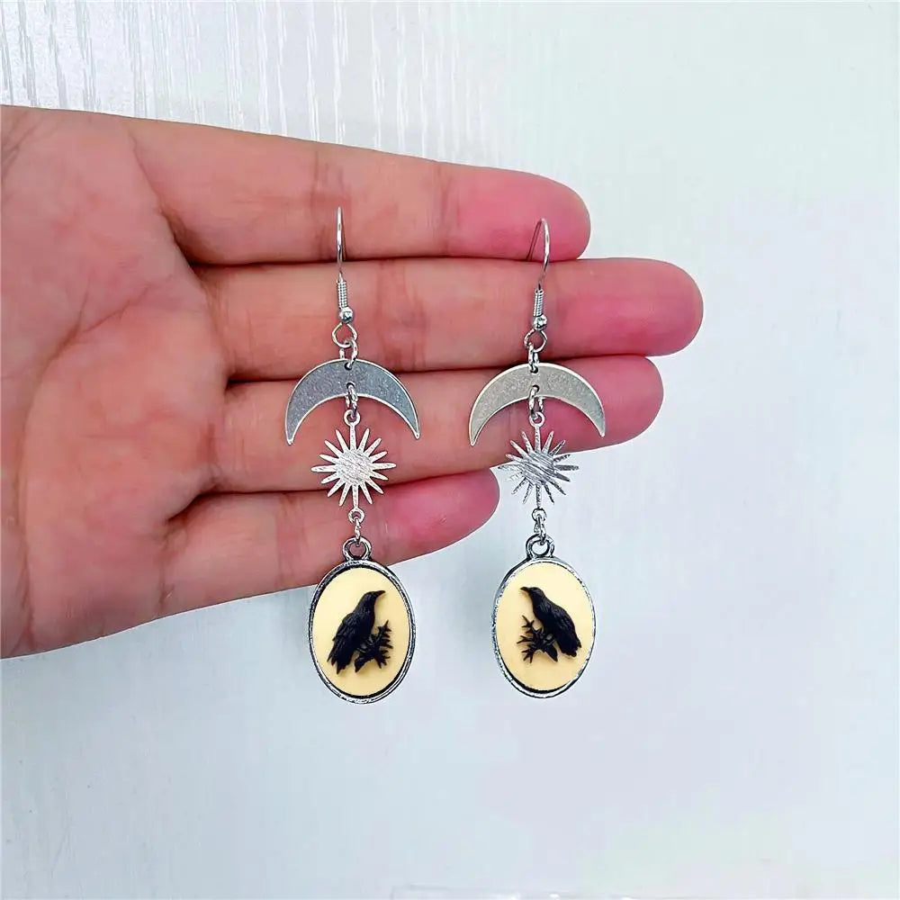 Moon Raven Skull Earrings, Blood drops, Gothic jewelry, bows, Black Raven, Witch accessories, Retro, Raven Cameo, Pentagram，Gift