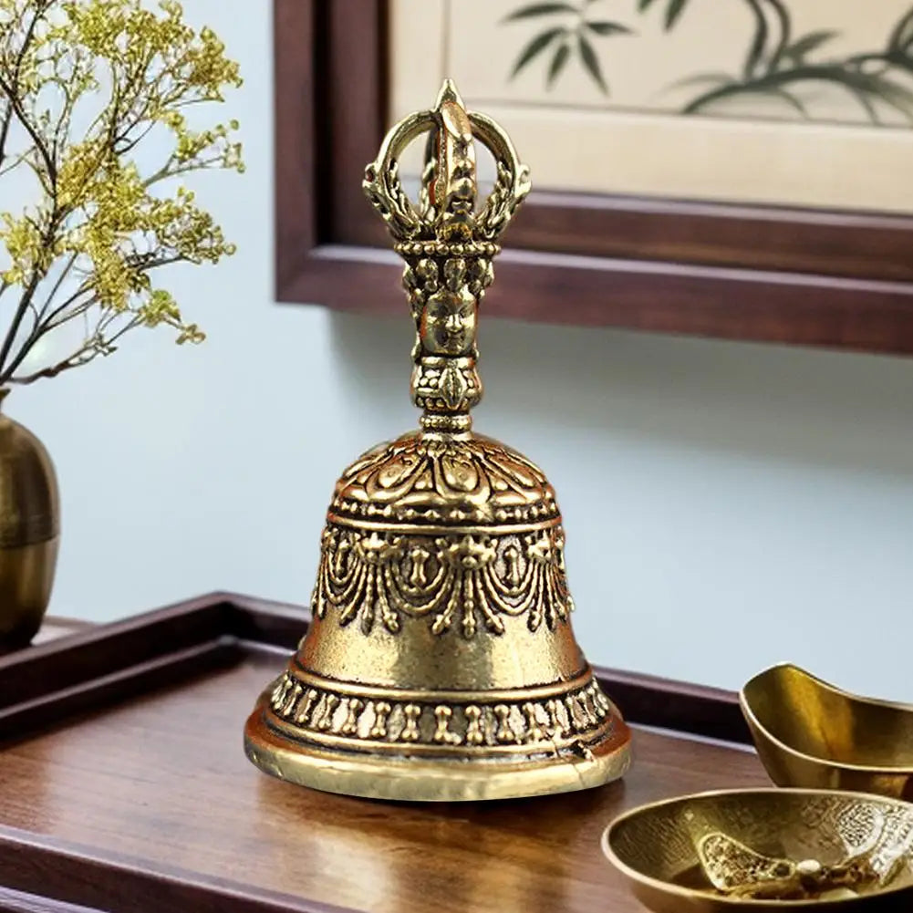 Tibetan Brass Ritual Bell, Buddhist Vajra Hand Bell for Meditation Altar, Antique Exorcism Wind Chime Pocket Pendulum Decoratio