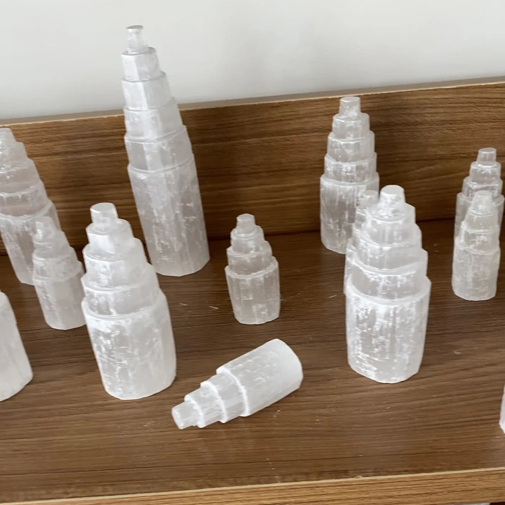 Natural white selenite gypsum Crystal Tower Skyscraper Castle Clear collection of Moroccan crystal mineral craft statues