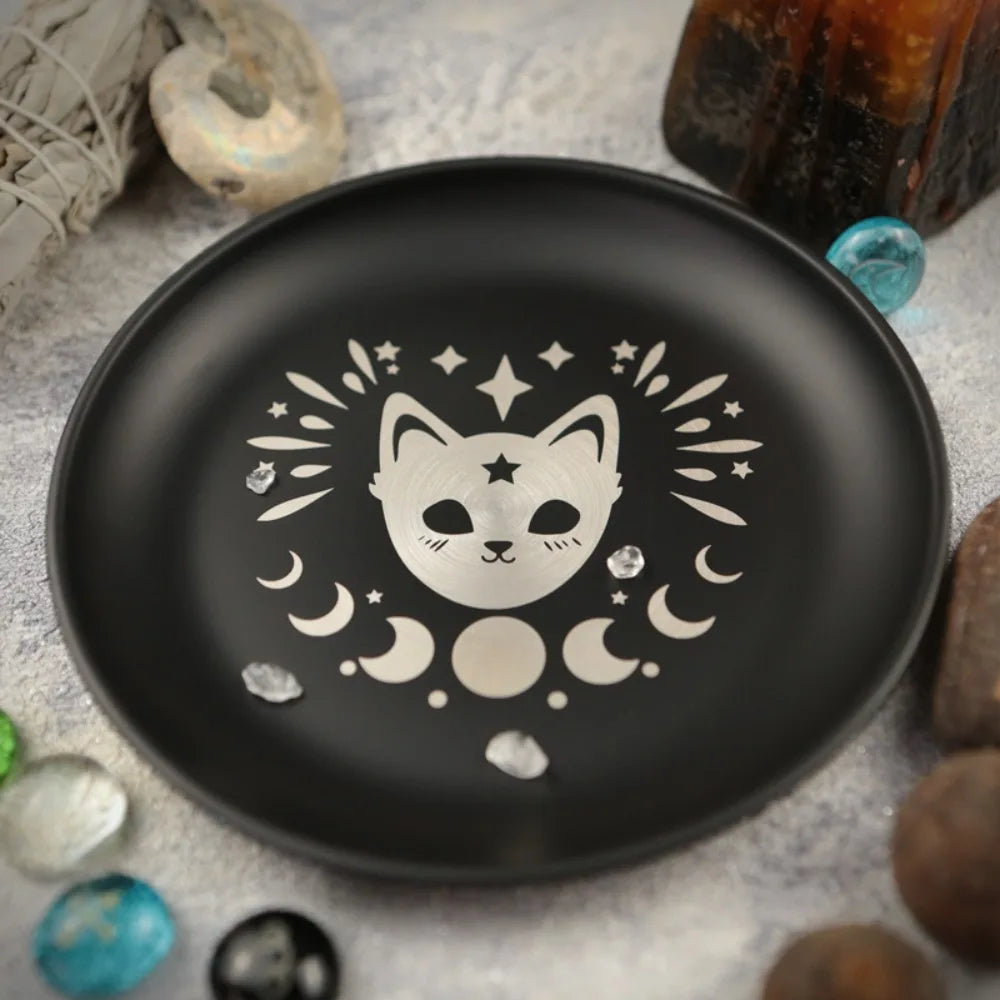 Ritual 5.5 Inch Decorative Jewelry Dish Round Black Crystal Stone Storage Tray Stainless Steel Meditation Altar Tray Gift