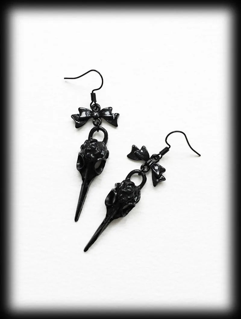 Moon Raven Skull Earrings, Blood drops, Gothic jewelry, bows, Black Raven, Witch accessories, Retro, Raven Cameo, Pentagram，Gift
