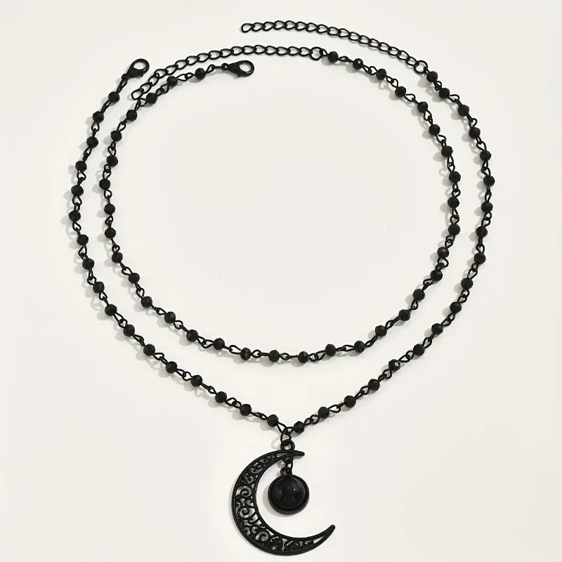 Gothic Retro Hollowed Out Moon Pendant Double Layered Necklace for Women, Witch, Dark Party Gift, Outfit, Accessory