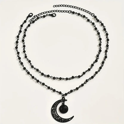 Gothic Retro Hollowed Out Moon Pendant Double Layered Necklace for Women, Witch, Dark Party Gift, Outfit, Accessory