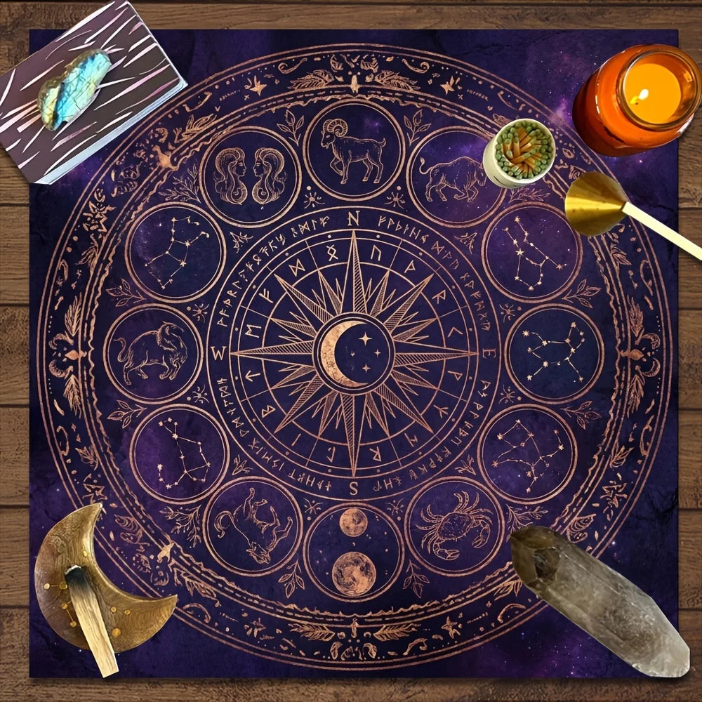 Mystic Astrology Tablecloth Dark Purple Golden Zodiac Constellation Tarot Ritual Meditation Crystal Healing Party Decor
