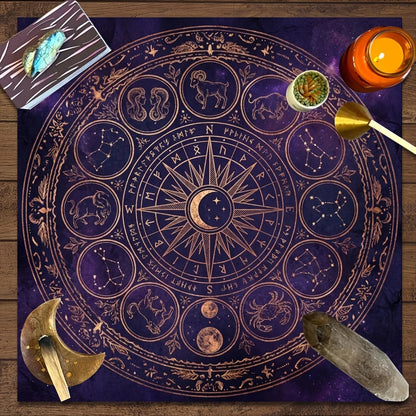 Mystic Astrology Tablecloth Dark Purple Golden Zodiac Constellation Tarot Ritual Meditation Crystal Healing Party Decor