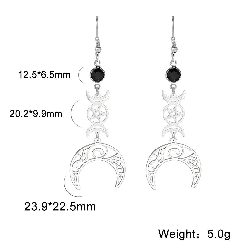 Unift Goth Stainless Steel Earring Triple Rune Moon Phase Pentagram Earrings Woman Men Vintage Jewelry Ear Piercing Witch Knot