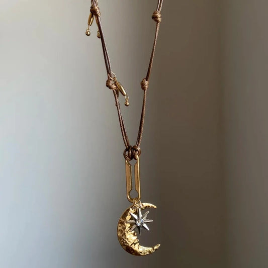 Vintage Bohemian Star Moon Leather Rope Necklace, Perfect for Women's Exquisite Fashion Charm Jewelry Gift