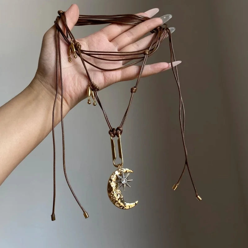 Vintage Bohemian Star Moon Leather Rope Necklace, Perfect for Women's Exquisite Fashion Charm Jewelry Gift