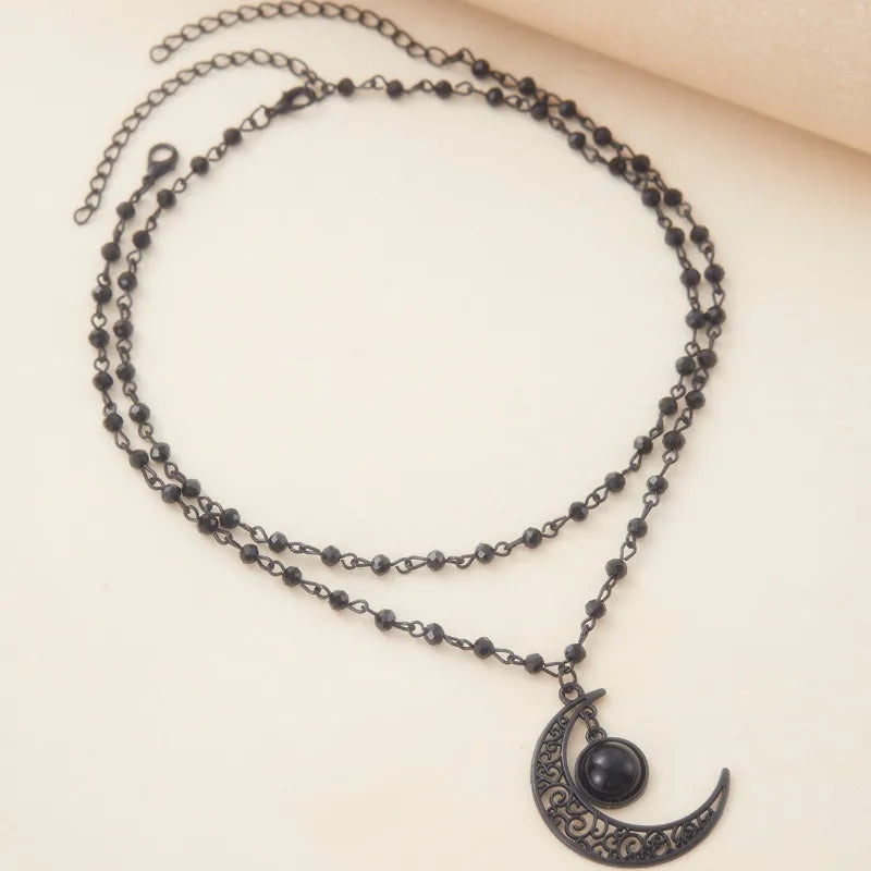 Gothic Retro Hollowed Out Moon Pendant Double Layered Necklace for Women, Witch, Dark Party Gift, Outfit, Accessory