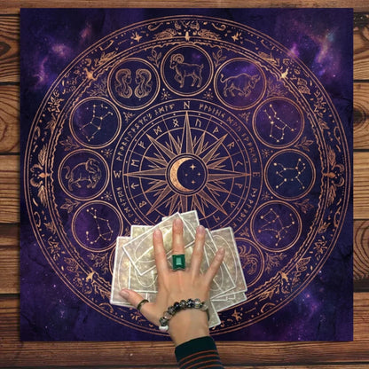 Mystic Astrology Tablecloth Dark Purple Golden Zodiac Constellation Tarot Ritual Meditation Crystal Healing Party Decor