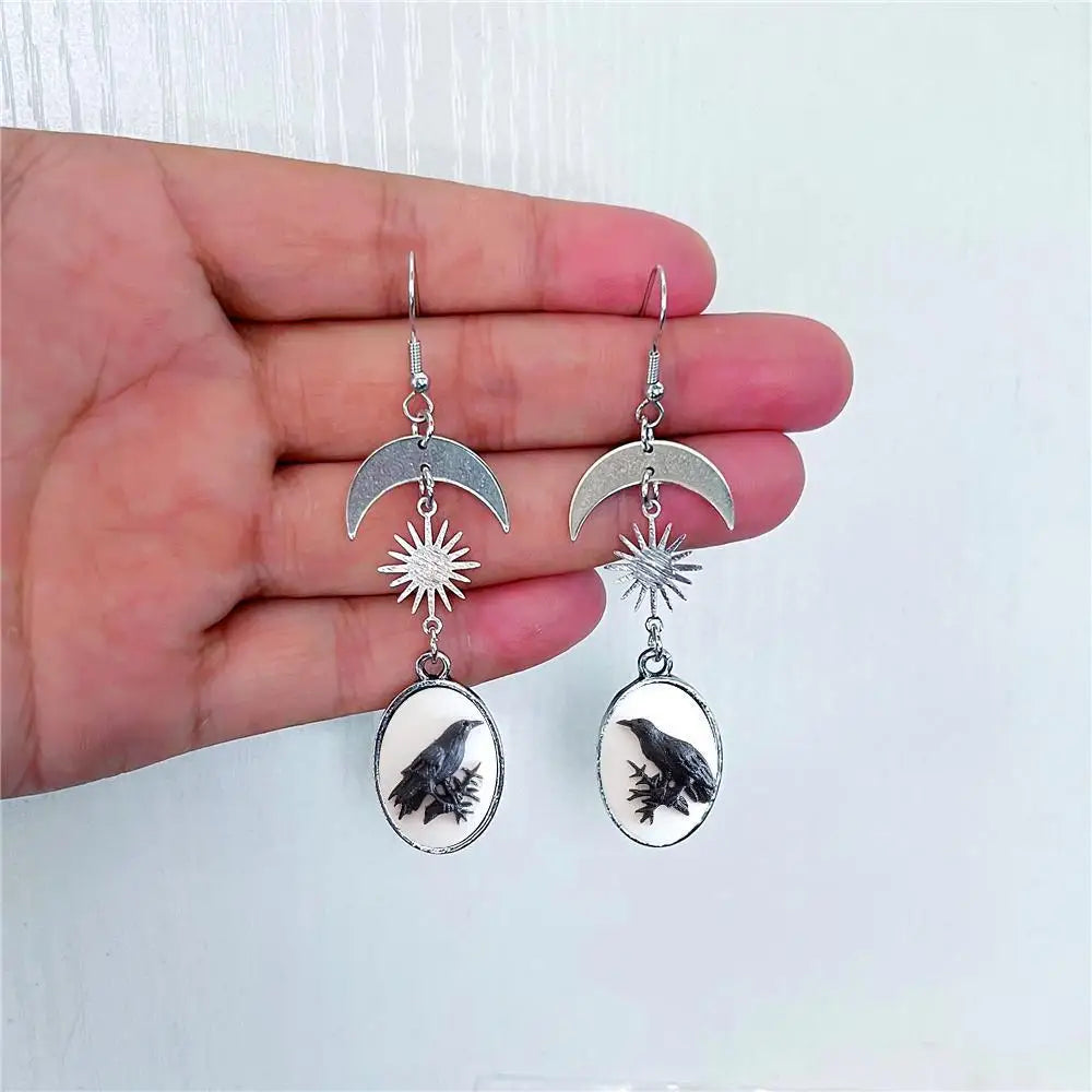 Moon Raven Skull Earrings, Blood drops, Gothic jewelry, bows, Black Raven, Witch accessories, Retro, Raven Cameo, Pentagram，Gift