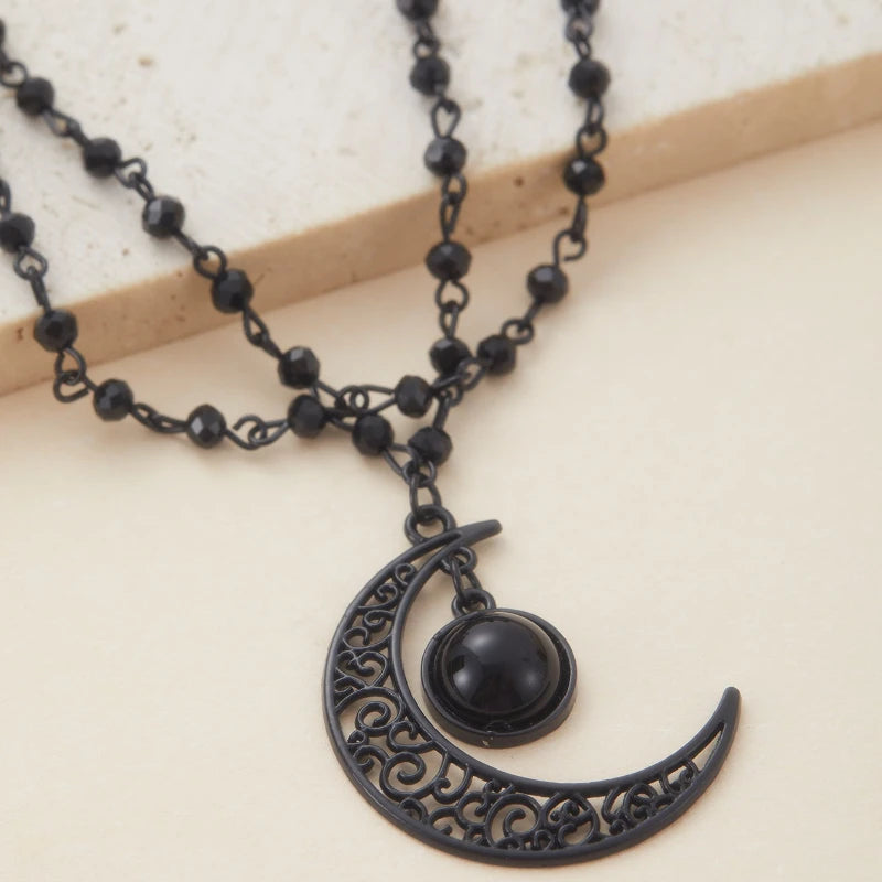 Gothic Retro Hollowed Out Moon Pendant Double Layered Necklace for Women, Witch, Dark Party Gift, Outfit, Accessory