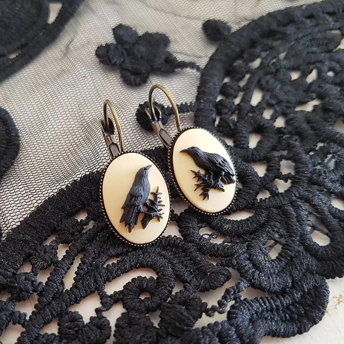 Moon Raven Skull Earrings, Blood drops, Gothic jewelry, bows, Black Raven, Witch accessories, Retro, Raven Cameo, Pentagram，Gift