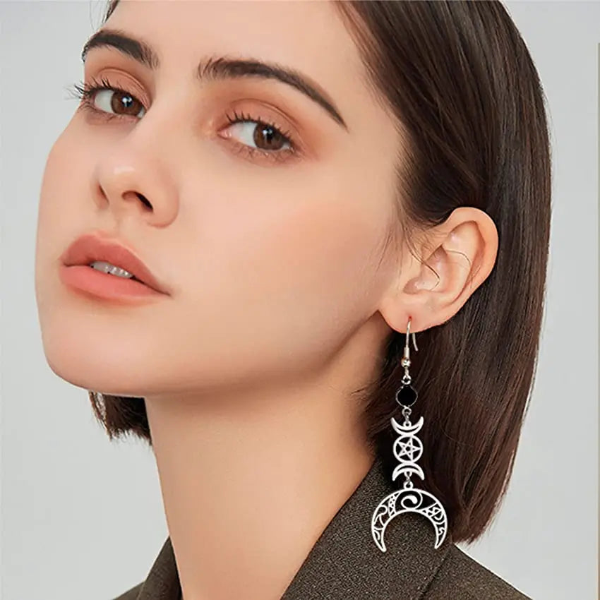 Unift Goth Stainless Steel Earring Triple Rune Moon Phase Pentagram Earrings Woman Men Vintage Jewelry Ear Piercing Witch Knot