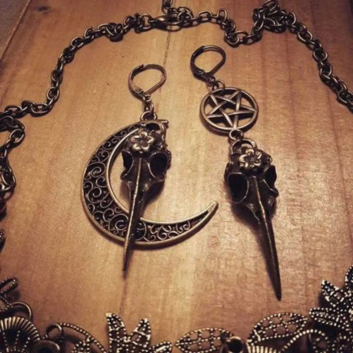 Moon Raven Skull Earrings, Blood drops, Gothic jewelry, bows, Black Raven, Witch accessories, Retro, Raven Cameo, Pentagram，Gift