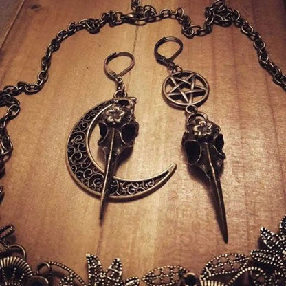 Moon Raven Skull Earrings, Blood drops, Gothic jewelry, bows, Black Raven, Witch accessories, Retro, Raven Cameo, Pentagram，Gift
