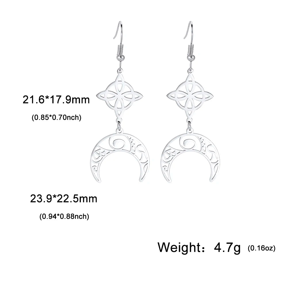 Unift Goth Stainless Steel Earring Triple Rune Moon Phase Pentagram Earrings Woman Men Vintage Jewelry Ear Piercing Witch Knot