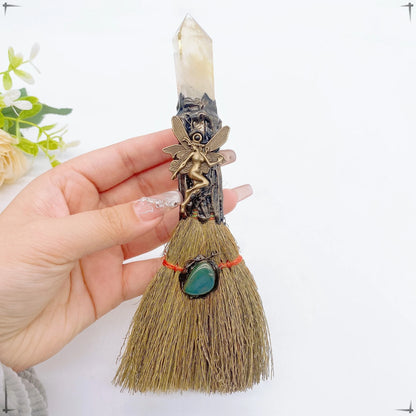 Natural Crystal Point Magic Broom Natural Clear Quartz Crafts Witch Broomstick Divination Energy Reiki Healing Home Garden Decor