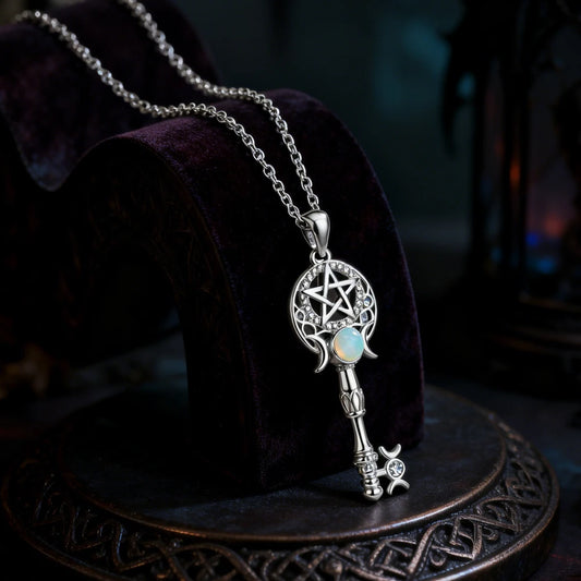 Witchcraft Triple Moon Goddness Key Shape Necklaces Opal Zircons Pentagram Symbol Pendant Witch Amulet Protection Jewelry