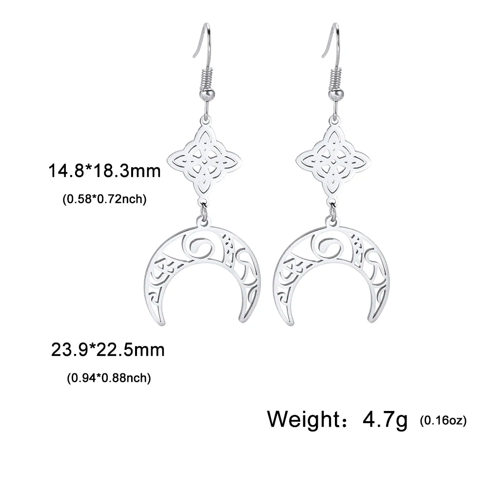 Unift Goth Stainless Steel Earring Triple Rune Moon Phase Pentagram Earrings Woman Men Vintage Jewelry Ear Piercing Witch Knot
