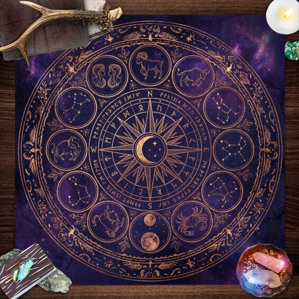 Mystic Astrology Tablecloth Dark Purple Golden Zodiac Constellation Tarot Ritual Meditation Crystal Healing Party Decor