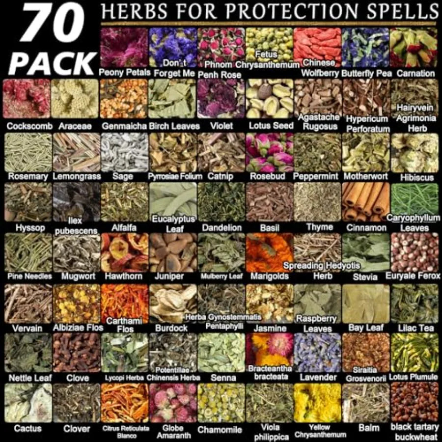70pack Witchcraft Supplies Herbs Kit Dried Flowers for Witch Beginner Bulk Herb Gift Set for Wicca Pagan Wiccan Rituals Magic S